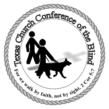 Logo of two blind people, one with a white cane and one with a guide dog